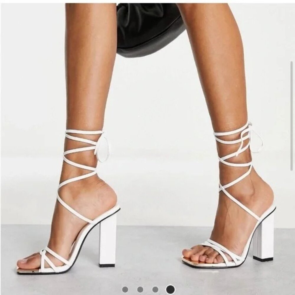 Public Desire Amira White Lace Up Block Heels Size 8